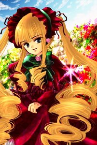 Rating: Safe Score: 0 Tags: 1girl blonde_hair blue_eyes bonnet bow dress drill_hair flower green_bow green_neckwear image long_hair long_sleeves looking_at_viewer red_dress rose shinku solo twintails very_long_hair User: admin