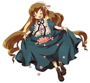 Rating: Safe Score: 0 Tags: 1girl ^_^ blush boots brown_hair closed_eyes curtsey dress drill_hair flower full_body hair_flower hair_ornament image long_hair open_mouth skirt_hold smile solo suiseiseki very_long_hair User: admin