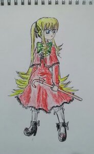 Rating: Safe Score: 0 Tags: 1girl blonde_hair blue_eyes dress expressionless full_body grey_background image long_hair long_sleeves looking_back red_dress shinku shoes simple_background solo standing traditional_media User: admin
