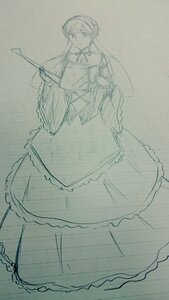 Rating: Safe Score: 0 Tags: 1girl apron bangs closed_mouth dress frilled_apron frills full_body holding image long_hair long_sleeves looking_at_viewer monochrome solo standing suiseiseki wide_sleeves User: admin