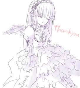 Rating: Safe Score: 0 Tags: 1girl closed_eyes detached_collar dress flower frills hairband image lolita_hairband long_hair long_sleeves monochrome ribbon simple_background solo standing suigintou white_background wings User: admin