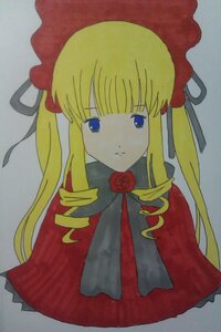 Rating: Safe Score: 0 Tags: 1girl bangs blonde_hair blue_eyes bonnet bow bowtie capelet dress drill_hair expressionless flower green_bow image long_hair looking_at_viewer red_dress rose shinku sidelocks simple_background solo twintails upper_body User: admin