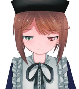 Rating: Safe Score: 0 Tags: 1girl apron bangs blush brown_eyes brown_hair closed_mouth dress eyebrows_visible_through_hair frills green_eyes hat image looking_at_viewer ribbon simple_background solo souseiseki white_background User: admin