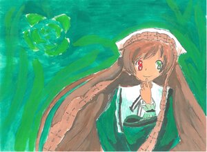 Rating: Safe Score: 0 Tags: 1girl auto_tagged bangs brown_hair dress finger_to_mouth frills green_dress heterochromia image long_hair long_sleeves looking_at_viewer red_eyes smile solo suiseiseki very_long_hair User: admin
