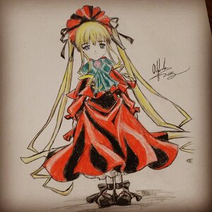 Rating: Safe Score: 0 Tags: 1girl blonde_hair blue_eyes bonnet bow bowtie capelet dress flower full_body green_bow image long_hair long_sleeves looking_at_viewer marker_(medium) photo red_dress rose shikishi shinku shoes sidelocks signature solo standing traditional_media twintails very_long_hair User: admin