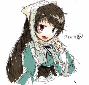 Rating: Safe Score: 0 Tags: 1girl bangs brown_hair dress green_dress heterochromia image index_finger_raised long_hair long_sleeves looking_at_viewer open_mouth red_eyes simple_background sketch smile solo suiseiseki upper_body white_background User: admin