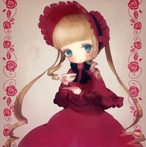Rating: Safe Score: 0 Tags: 1girl blonde_hair blue_eyes blush bonnet bow capelet cup dress drill_hair flower holding_cup image long_hair looking_at_viewer pink_flower pink_rose purple_rose red_flower red_rose rose rose_petals shinku solo tea teacup User: admin