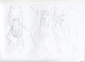 Rating: Safe Score: 0 Tags: 1girl dress hat image long_hair long_sleeves monochrome sketch solo suiseiseki top_hat User: admin