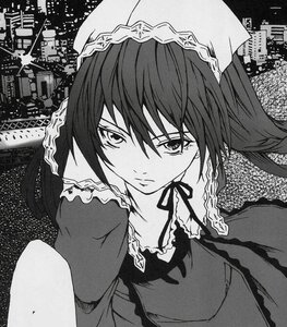 Rating: Safe Score: 0 Tags: 1girl building city cityscape closed_mouth frills greyscale hairband image looking_at_viewer monochrome ribbon solo suiseiseki User: admin