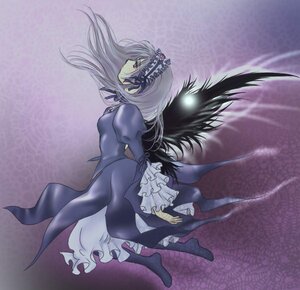 Rating: Safe Score: 0 Tags: 1girl black_wings dress floating flower frilled_sleeves frills full_body hairband image long_hair long_sleeves looking_afar puffy_sleeves purple_background ribbon silver_hair solo suigintou wings User: admin