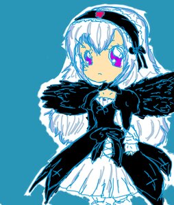 Rating: Safe Score: 0 Tags: 1girl bangs black_ribbon black_wings blue_background closed_mouth dress eyebrows_visible_through_hair frills hairband image juliet_sleeves long_sleeves looking_at_viewer puffy_sleeves solo standing suigintou wings User: admin