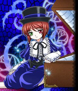 Rating: Safe Score: 0 Tags: 1girl blue_dress brown_hair dress frills green_eyes hat heterochromia image long_sleeves looking_at_viewer red_eyes ribbon short_hair sitting solo souseiseki top_hat User: admin