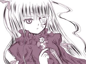 Rating: Safe Score: 0 Tags: 1girl bangs barasuishou dress flower image long_hair long_sleeves looking_at_viewer monochrome parted_lips rose simple_background solo upper_body white_background User: admin