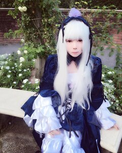 Rating: Safe Score: 0 Tags: 1girl bangs brown_eyes closed_mouth dress lips long_hair long_sleeves looking_at_viewer outdoors plant sitting solo suigintou white_hair User: admin