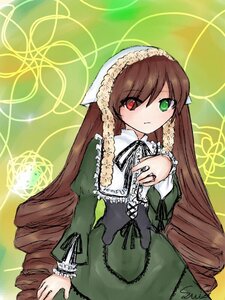 Rating: Safe Score: 0 Tags: 1girl black_ribbon brown_hair dress drill_hair frills green_background green_dress green_eyes heterochromia image long_hair long_sleeves looking_at_viewer red_eyes ribbon solo suiseiseki twintails very_long_hair User: admin