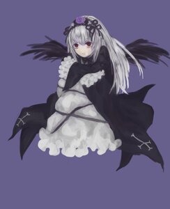 Rating: Safe Score: 0 Tags: 1girl black_wings dress flower frilled_sleeves frills full_body hairband image long_hair long_sleeves looking_at_viewer red_eyes rose silver_hair simple_background solo suigintou very_long_hair wings User: admin