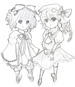 Rating: Safe Score: 0 Tags: 2girls brooch dress flandre_scarlet greyscale hat hinaichigo image jewelry looking_at_viewer monochrome multiple_girls remilia_scarlet ribbon shoes short_hair sisters smile solo wings wrist_cuffs User: admin