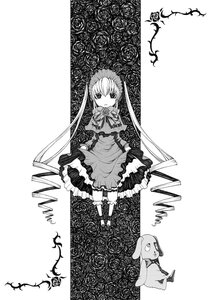 Rating: Safe Score: 0 Tags: 1girl dress flower greyscale image lolita_fashion long_hair monochrome rose shinku sitting solo stuffed_animal thighhighs twintails very_long_hair User: admin