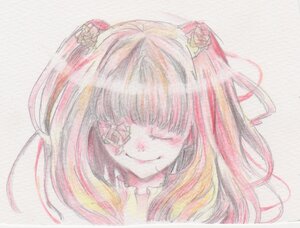 Rating: Safe Score: 0 Tags: 1girl bangs closed_eyes closed_mouth flower hair_flower hair_ornament image kirakishou portrait simple_background smile solo traditional_media twintails User: admin