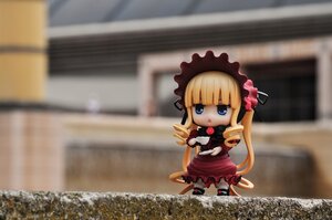 Rating: Safe Score: 0 Tags: 1girl blonde_hair blue_eyes blurry blurry_background bonnet chibi depth_of_field doll dress drill_hair food frills long_hair photo photo_background red_dress shinku shoes sitting solo twintails User: admin