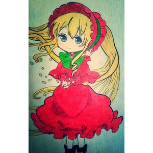 Rating: Safe Score: 0 Tags: 1girl black_footwear blonde_hair blue_eyes bonnet bow bowtie dress flower full_body green_bow green_neckwear image long_hair long_sleeves looking_at_viewer pantyhose photo red_capelet shinku solo standing traditional_media very_long_hair User: admin