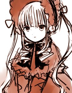 Rating: Safe Score: 0 Tags: 1girl blush brown_theme eyebrows_visible_through_hair hat image long_hair looking_at_viewer monochrome ribbon shinku simple_background sketch solo twintails upper_body white_background User: admin