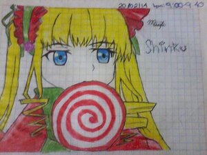 Rating: Safe Score: 0 Tags: 1girl blonde_hair blue_eyes bow candy food image lollipop long_hair looking_at_viewer shinku simple_background solo traditional_media User: admin