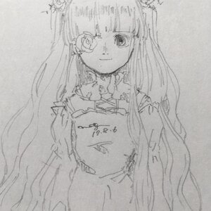 Rating: Safe Score: 0 Tags: 1girl dress flower frills greyscale hair_flower image kirakishou long_hair long_sleeves looking_at_viewer monochrome rose smile solo traditional_media upper_body very_long_hair User: admin