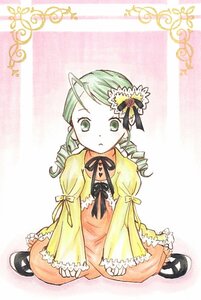 Rating: Safe Score: 0 Tags: 1girl dress drill_hair expressionless flower full_body green_eyes green_hair image kanaria long_sleeves shoes sitting solo twin_drills yellow_dress User: admin