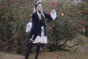 Rating: Safe Score: 0 Tags: 1girl black_dress black_footwear boots closed_eyes dress flower gothic_lolita hairband lolita_fashion long_hair long_sleeves red_flower red_rose rose solo standing suigintou User: admin