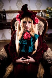 Rating: Safe Score: 0 Tags: 1girl blonde_hair blue_eyes chair dress flower hat long_hair nail_polish red_dress red_flower red_rose rose shinku sitting solo User: admin