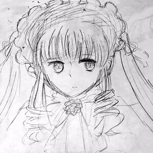 Rating: Safe Score: 0 Tags: 1girl dress drill_hair eyebrows_visible_through_hair flower greyscale image lineart long_hair looking_at_viewer monochrome rose shinku solo traditional_media twin_drills twintails upper_body User: admin