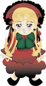 Rating: Safe Score: 0 Tags: 1girl black_footwear blonde_hair blue_eyes blush bonnet bow capelet dress flower full_body hat image long_hair long_sleeves looking_at_viewer red_dress red_flower red_rose rose shinku simple_background solo standing white_background User: admin