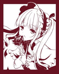 Rating: Safe Score: 0 Tags: 1girl black_border bonnet border circle_cut drill_hair eating hairband image lolita_fashion long_hair looking_at_viewer monochrome shinku solo striped twintails upper_body User: admin