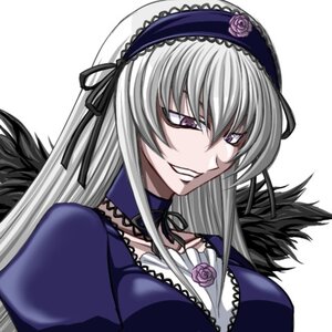 Rating: Safe Score: 0 Tags: 1girl black_wings breasts dress flower frills grin hairband image long_hair long_sleeves puffy_sleeves purple_rose rose silver_hair simple_background smile solo suigintou upper_body white_background wings User: admin