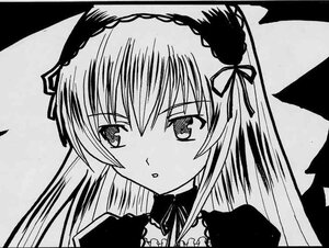 Rating: Safe Score: 0 Tags: 1girl dress greyscale hairband image long_hair looking_at_viewer monochrome ribbon simple_background solo suigintou wings User: admin