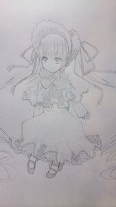 Rating: Safe Score: 0 Tags: 1girl auto_tagged bonnet closed_mouth dress full_body image long_hair long_sleeves looking_at_viewer monochrome photo shinku sketch solo traditional_media User: admin