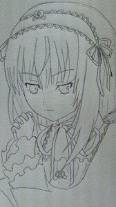 Rating: Safe Score: 0 Tags: 1girl bangs closed_mouth eyebrows_visible_through_hair frills greyscale hairband image interlocked_fingers long_sleeves looking_at_viewer monochrome own_hands_together ribbon simple_background solo suigintou traditional_media upper_body white_background User: admin