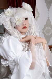 Rating: Safe Score: 0 Tags: 1girl animal_ears bangs blurry blurry_background dress flower hair_ornament kirakishou lips looking_at_viewer red_lips see-through solo upper_body veil white_dress white_hair User: admin