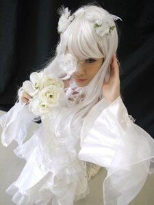 Rating: Safe Score: 0 Tags: 1girl bangs black_background closed_mouth dress flower hair_ornament kirakishou lips looking_at_viewer solo upper_body white_dress white_flower white_hair white_rose User: admin