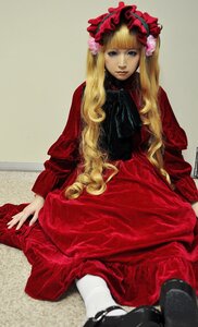 Rating: Safe Score: 0 Tags: 1girl bangs black_footwear blonde_hair blue_eyes bonnet dress long_hair long_sleeves looking_at_viewer red_dress shinku shoes sitting solo very_long_hair User: admin