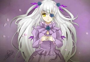 Rating: Safe Score: 0 Tags: 1girl barasuishou blue_flower dress eyepatch flower hair_ornament image long_hair long_sleeves purple_dress purple_flower purple_rose ribbon rose silver_hair solo very_long_hair yellow_eyes User: admin