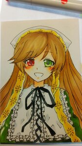 Rating: Safe Score: 0 Tags: 1girl :d blush brown_hair dress frills green_eyes hat heterochromia image long_hair looking_at_viewer open_mouth photo red_eyes smile solo suiseiseki traditional_media upper_body User: admin