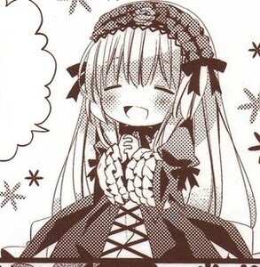 Rating: Safe Score: 0 Tags: 1girl blush closed_eyes dress facing_viewer image long_hair long_sleeves monochrome open_mouth smile solo suigintou User: admin