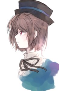 Rating: Safe Score: 0 Tags: 1girl black_neckwear black_ribbon brown_hair closed_mouth hat image looking_away neck_ribbon profile ribbon short_hair simple_background solo souseiseki striped striped_background upper_body white_background User: admin