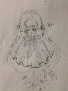 Rating: Safe Score: 0 Tags: 1girl blush bonnet bowtie dress frills image long_hair long_sleeves looking_at_viewer monochrome photo shinku sketch solo tears traditional_media twintails very_long_hair User: admin