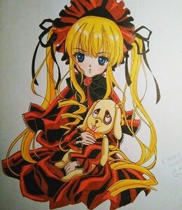 Rating: Safe Score: 0 Tags: 1girl blonde_hair blue_eyes blush bonnet bow dress drill_hair flower image long_hair long_sleeves looking_at_viewer red_dress rose shinku sidelocks simple_background solo traditional_media twintails very_long_hair User: admin