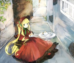 Rating: Safe Score: 0 Tags: 1girl bangs blonde_hair blue_eyes bonnet capelet cup dress food green_bow holding_cup image long_hair long_sleeves looking_at_viewer outdoors red_dress saucer shinku sitting solo tea teacup teapot very_long_hair water User: admin