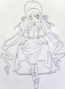 Rating: Safe Score: 0 Tags: 1girl bonnet dress expressionless full_body image long_hair long_sleeves looking_at_viewer monochrome shinku solo standing very_long_hair User: admin