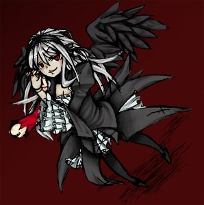 Rating: Safe Score: 0 Tags: 1girl black_wings dress frills gothic_lolita image lolita_fashion long_hair long_sleeves red_background red_eyes smile solo suigintou wings User: admin